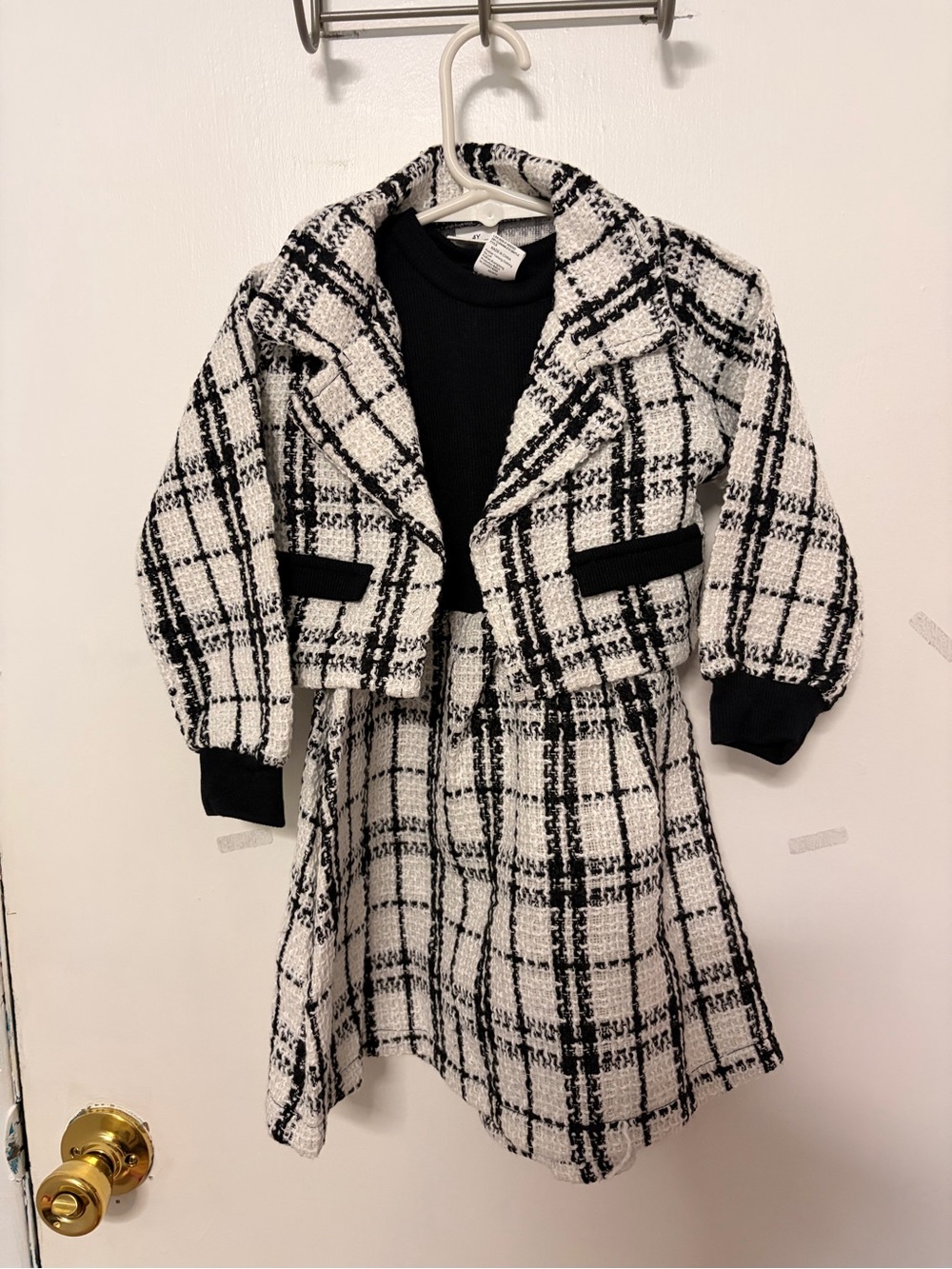 Girl’s Black & White Plaid Tweed Jacket and Dress Set